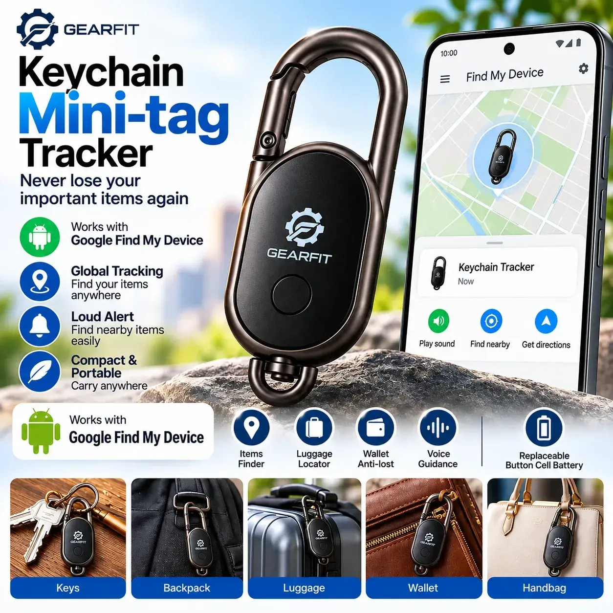 GearFit Keychain Mini-Tag Tracker – Compact Bluetooth Anti-Lost Finder with Secure Metal Carabiner Hook