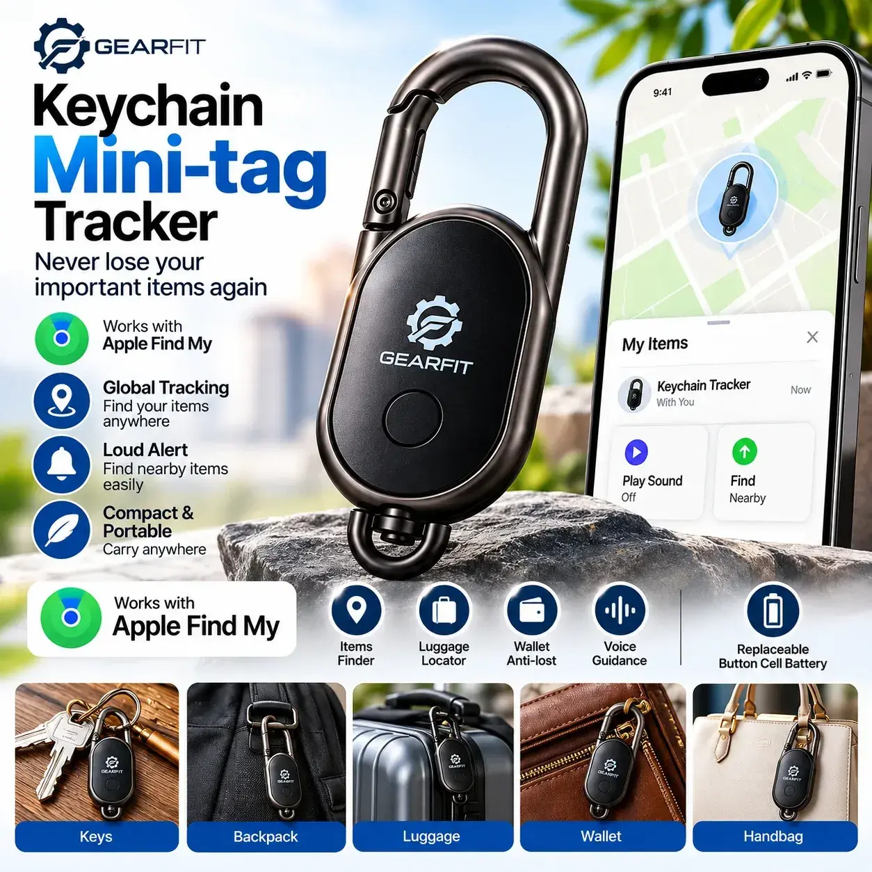 GearFit Keychain Mini-Tag Tracker – Compact Bluetooth Anti-Lost Finder with Secure Metal Carabiner Hook