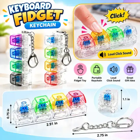 Mechanical Keyboard Switch Keychain with LED Light – Transparent Clicker Fidget Toy with Metal Clip for Keys, Bags & Backpacks