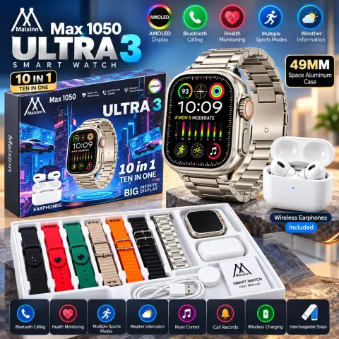 Maixinn Max 1050 Ultra 3 Smart Watch 49mm – AMOLED Display, Wireless Charging, Health Monitoring & Multiple Straps