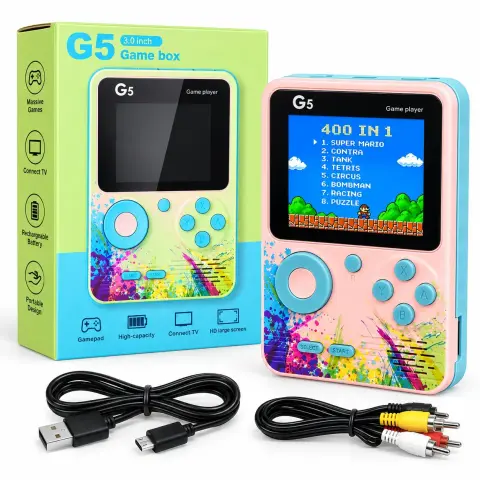 G5 Handheld Gaming Console – 3.0″ Colour Screen, Built-in Retro Games, Rechargeable Battery & TV Connectivity