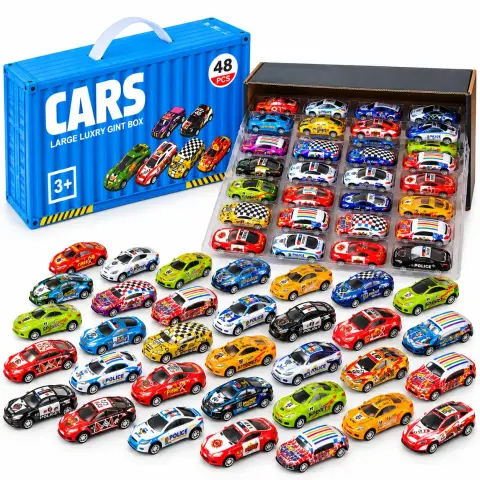 48 Pcs Die-Cast Metal Toy Cars Set with Portable Storage Case & Fold-Out Play Mat – Mini Alloy Vehicle Collection for Kids 3+