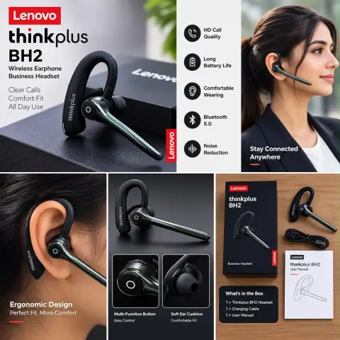 Lenovo Thinkplus BH2 Bluetooth Wireless Headset – Bluetooth 5.0, HD Calling, Noise Reduction & Comfortable Ear-Hook Design