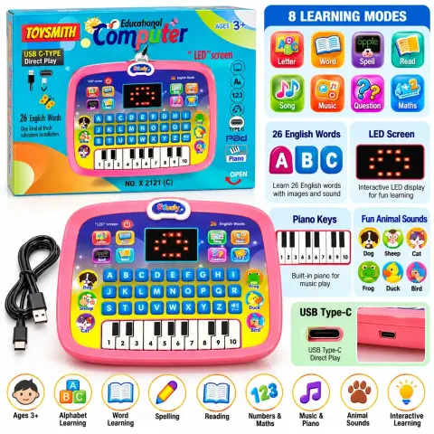 Educational Computer for Kids – LED Screen, 26 English Words, ABC Learning, Piano Keys & Interactive Activities
