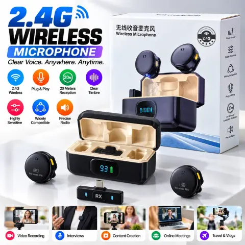2.4G Wireless Microphone for Mobile – Dual Clip-On Lavalier Mic with Charging Case, 20m Range & Plug & Play