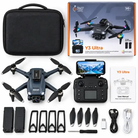 Y3 Ultra Drone with Dual Battery – Brushless Motor, 360° Obstacle Avoidance, Optical Flow, 3-Axis Camera & App Control