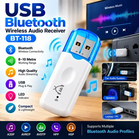BT-118 USB Bluetooth Wireless Audio Receiver Dongle – 8–10m Range, Bluetooth 2.1+EDR for USB Audio Devices