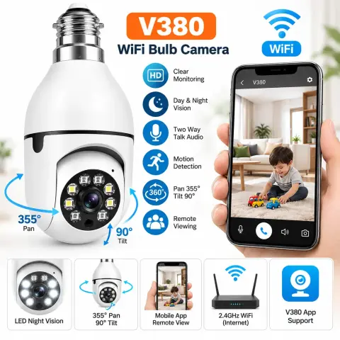 V380 WiFi Bulb Security Camera – 360° Panoramic Smart Home Camera with Remote Viewing