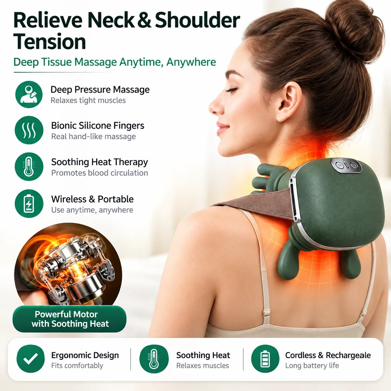 BLD-550 Shoulder & Neck Massager – Electric Kneading Massager with Heat, 3 Speeds & Type-C Rechargeable Battery