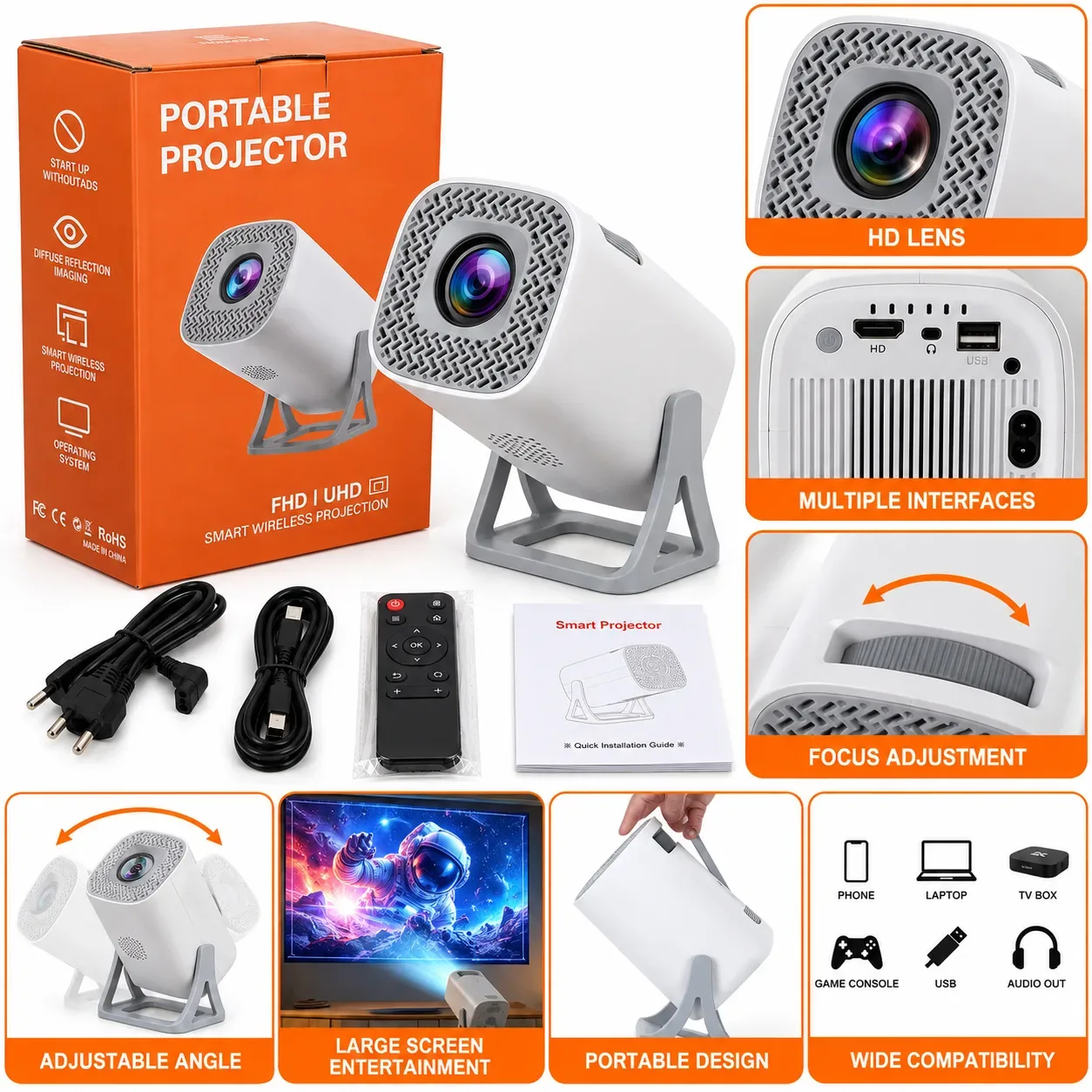 Portable Smart Projector – FHD/UHD 4K Supported, Wireless Screen Mirroring & Smart Projection
