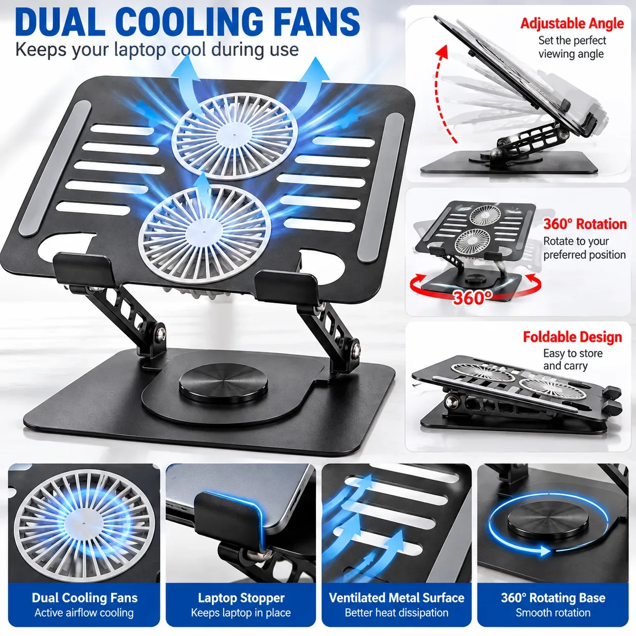 Fenchris ZJ-040 Metal Laptop Stand with Dual Fans – Adjustable Foldable Laptop Cooling Stand with 360° Rotation
