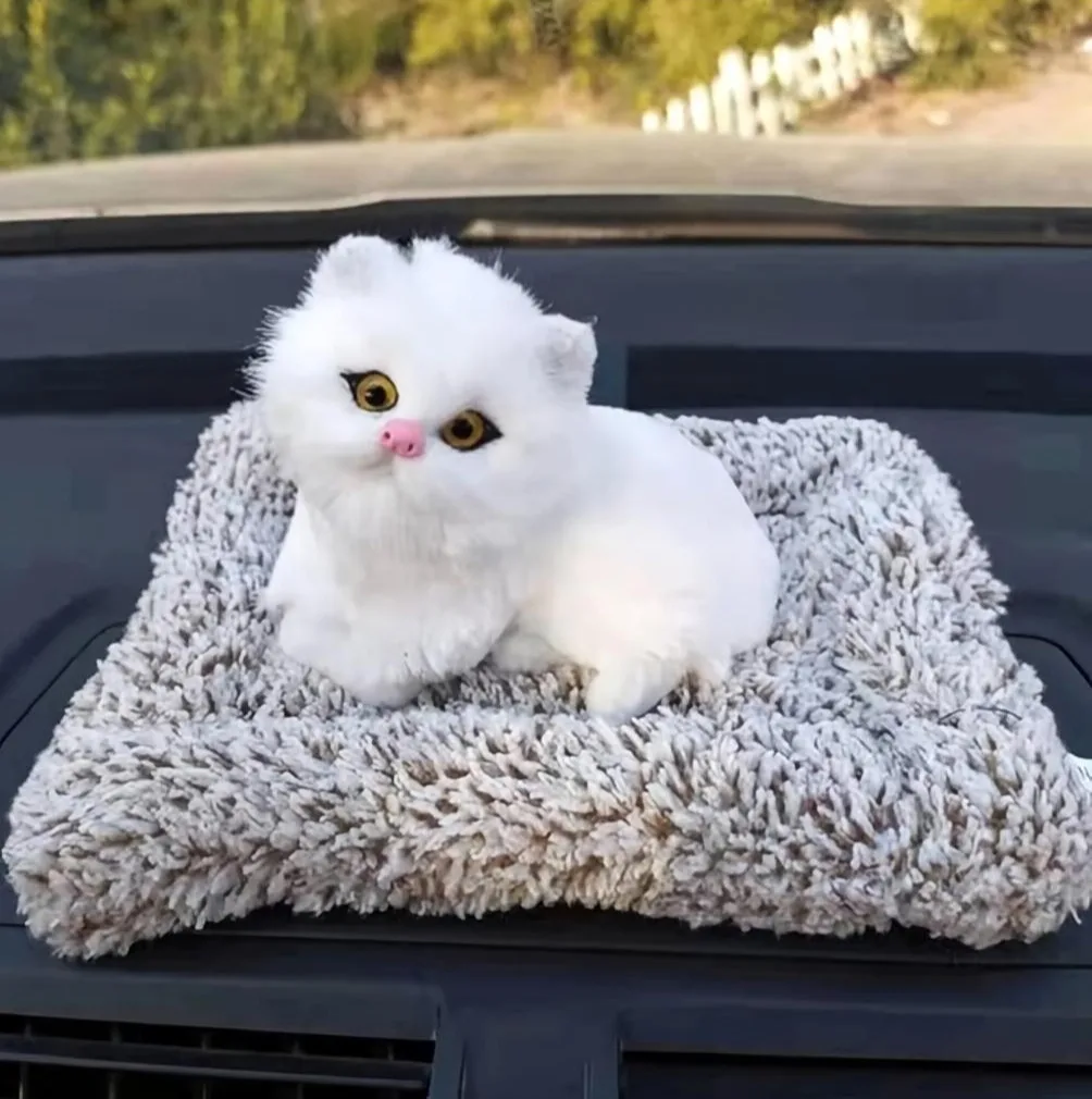Realistic Cat Showpiece with Cat Sound – Cute Faux Fur Kitty Decorative Figurine for Car, Home, Bedroom & Office