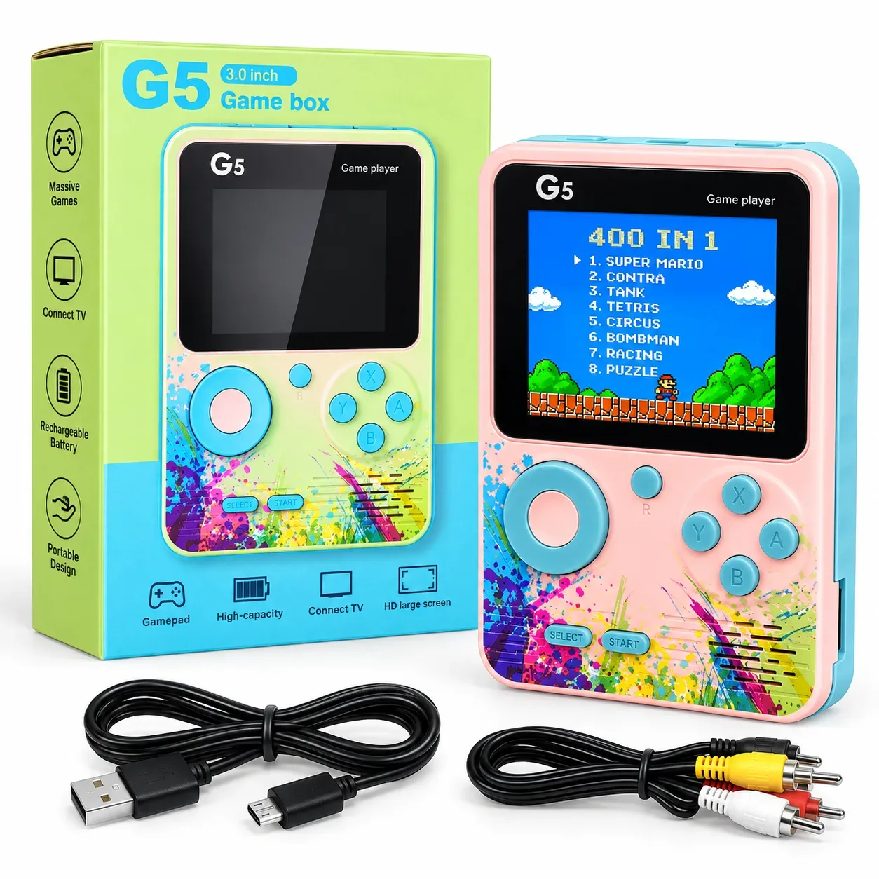 G5 Handheld Gaming Console – 3.0″ Colour Screen, Built-in Retro Games, Rechargeable Battery & TV Connectivity