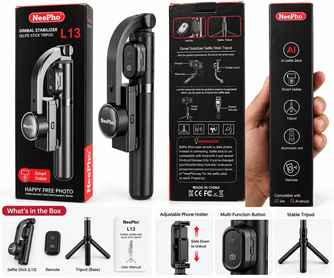NeePho L13 AI Gimbal Selfie Stick Tripod – Smartphone Stabilizer with Remote, Smart Tracking & Adjustable Phone Holder