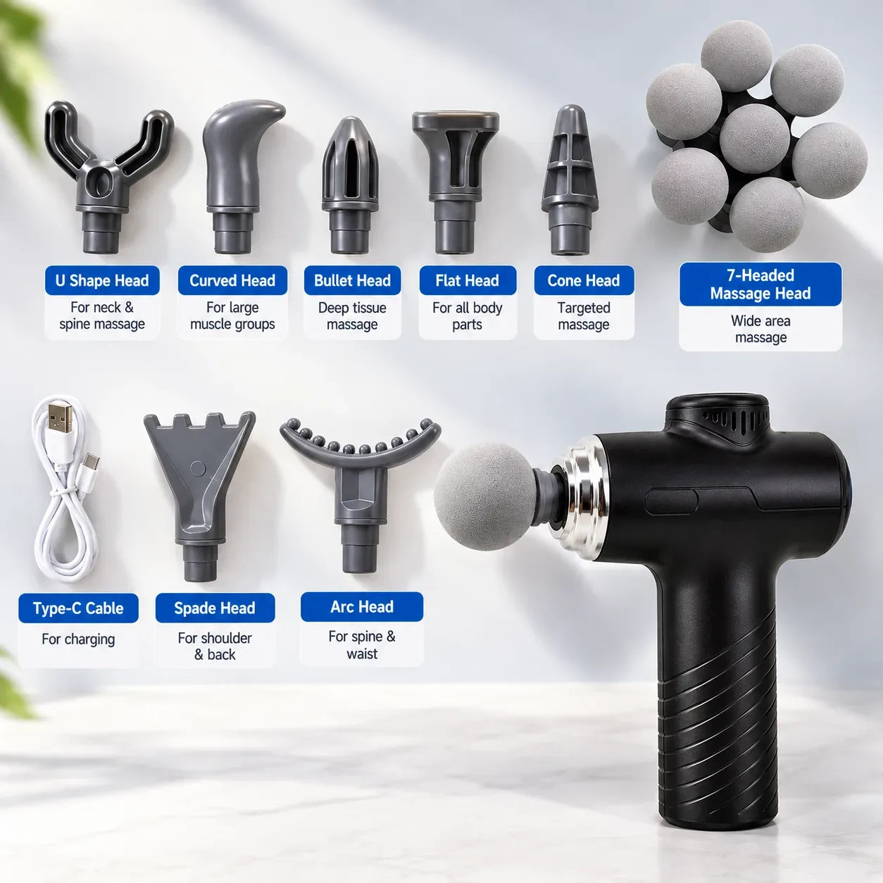 XY-219 7-Headed Fascia Massage Gun – 9 Massage Attachments, 6 Speed Levels, 24W Motor & Portable Design