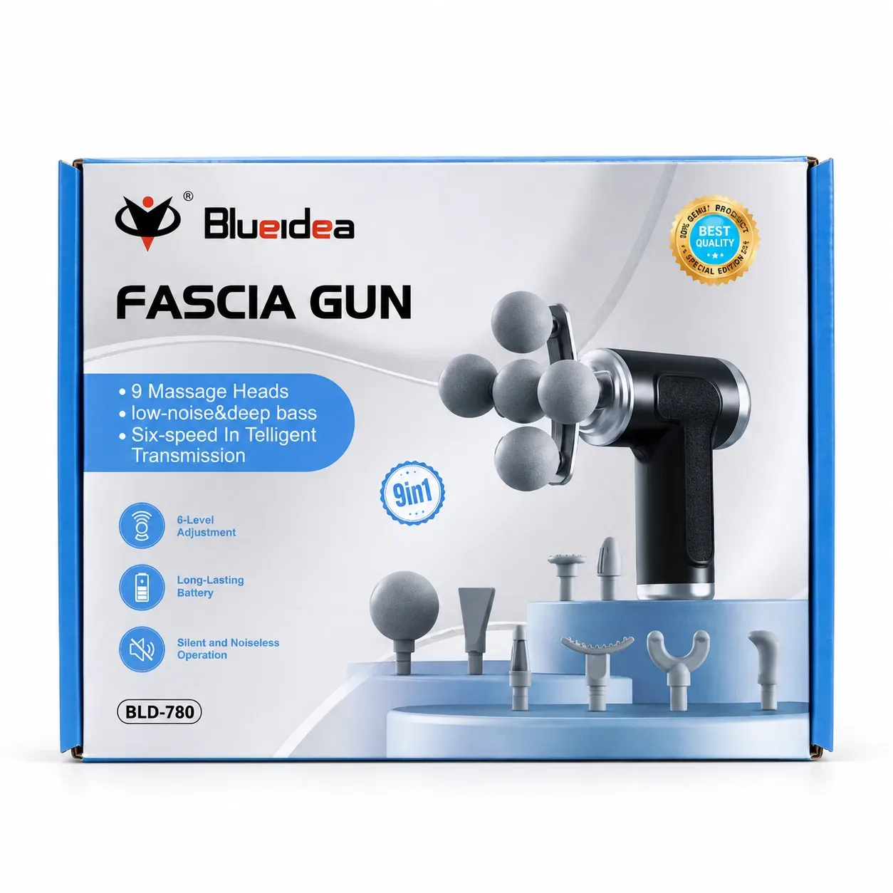 Blueidea BLD-780 Five-Headed Fascia Gun – 24W Rechargeable Deep Tissue Massage Gun with 6 Speed Levels & 5 Massage Heads