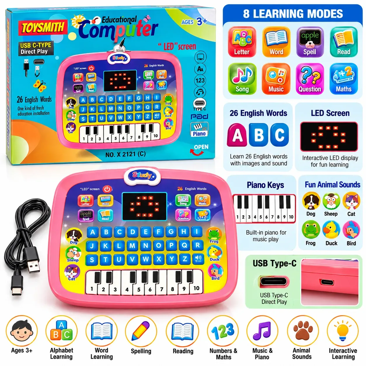 Educational Computer for Kids – LED Screen, 26 English Words, ABC Learning, Piano Keys & Interactive Activities