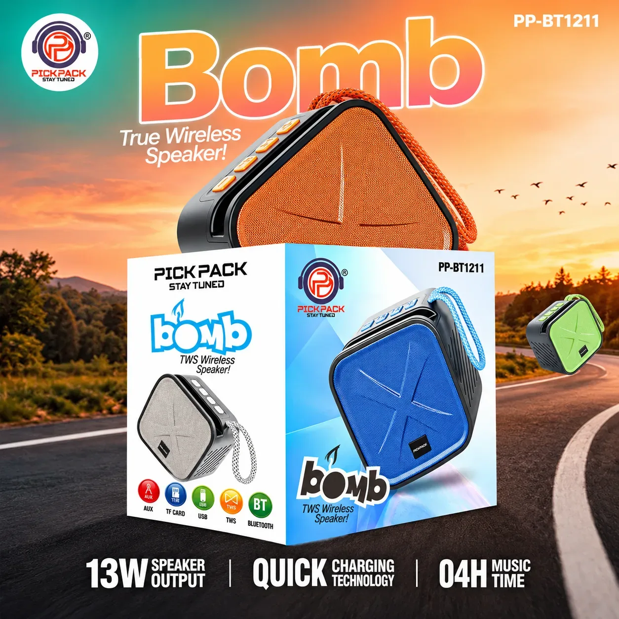 PickPack Bomb PP-BT1211 TWS Wireless Bluetooth Speaker – 13W Output, TF Card, USB, AUX & Quick Charging