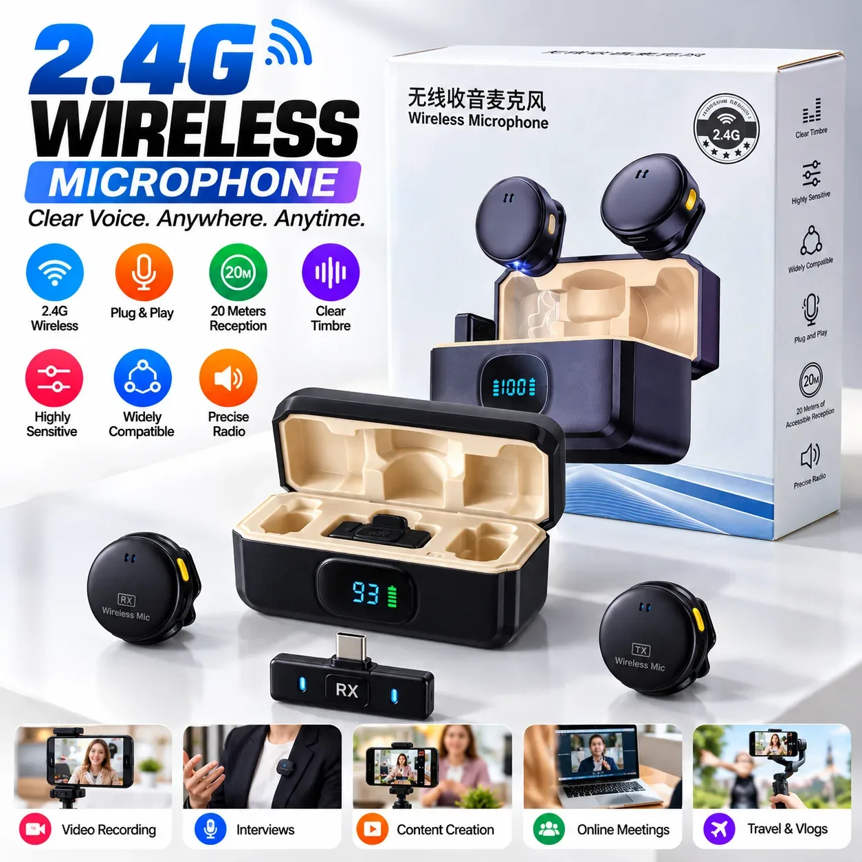 2.4G Wireless Microphone for Mobile – Dual Clip-On Lavalier Mic with Charging Case, 20m Range & Plug & Play