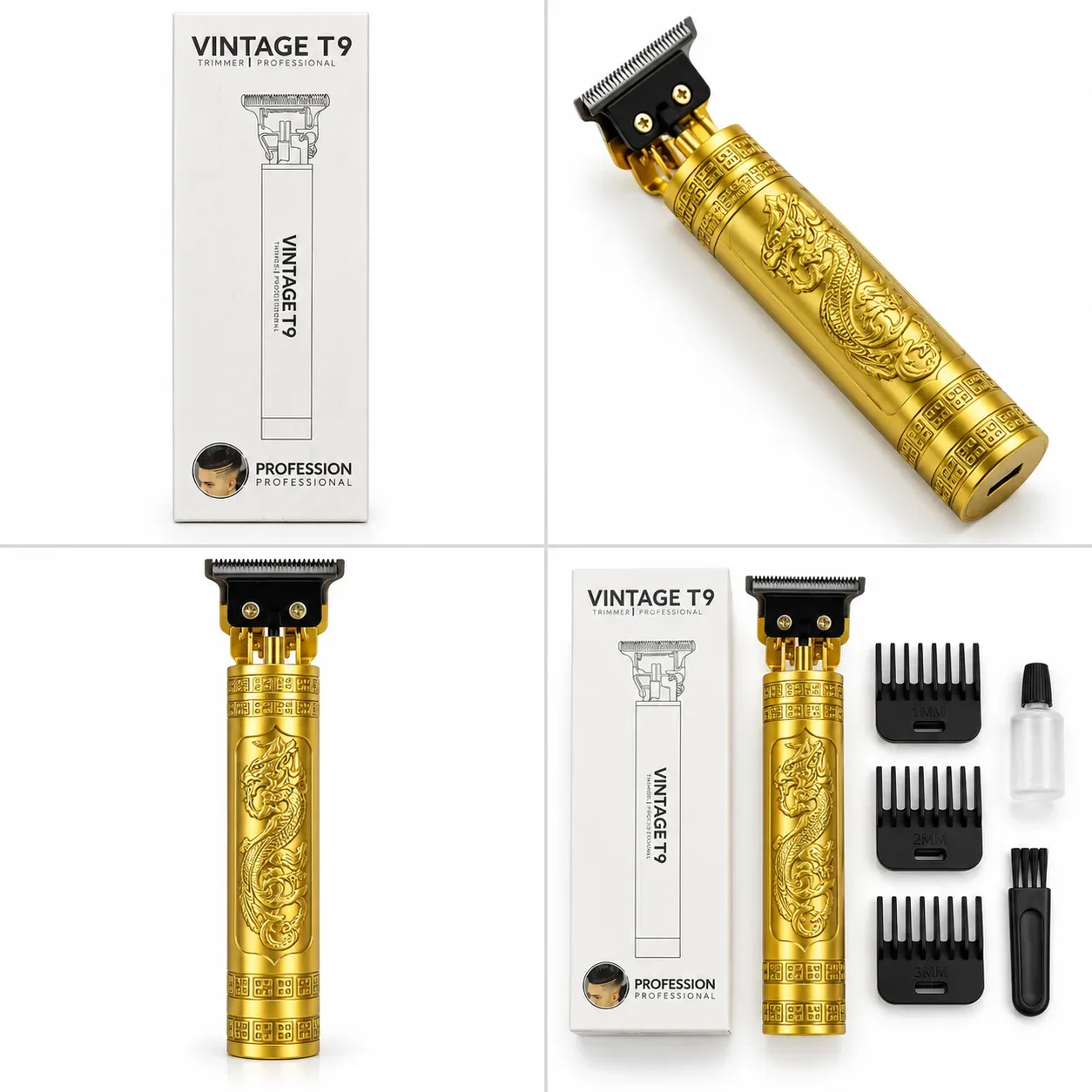 Vintage T9 Professional Hair Trimmer – Zero-Gap T-Blade Beard & Hair Clipper with Powerful Motor, 3 Guide Combs & Cleaning Kit