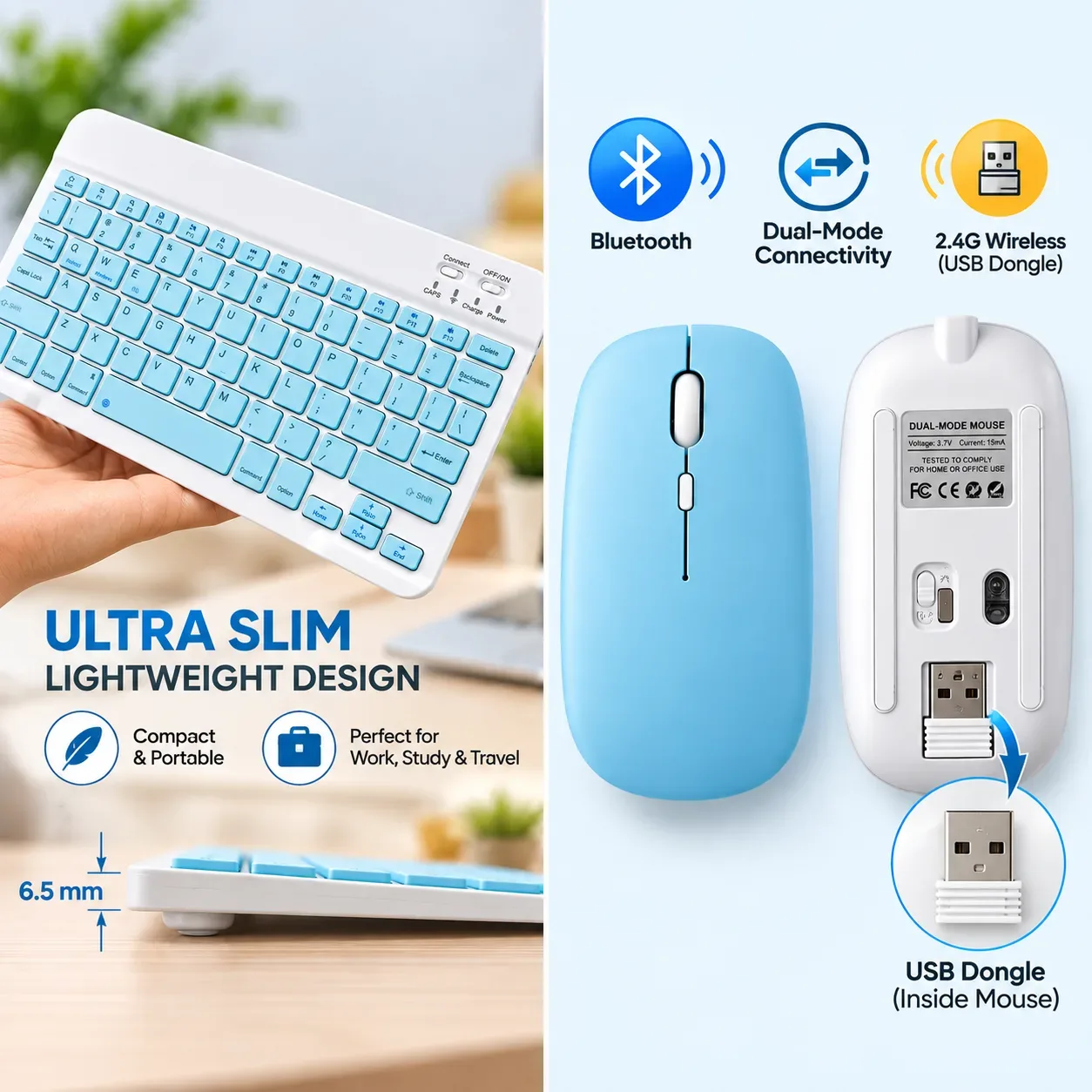 Wireless Bluetooth Keyboard & Mouse Combo – Rechargeable Slim Keyboard with Dual-Mode Mouse, Multi-Device Support & Backlight