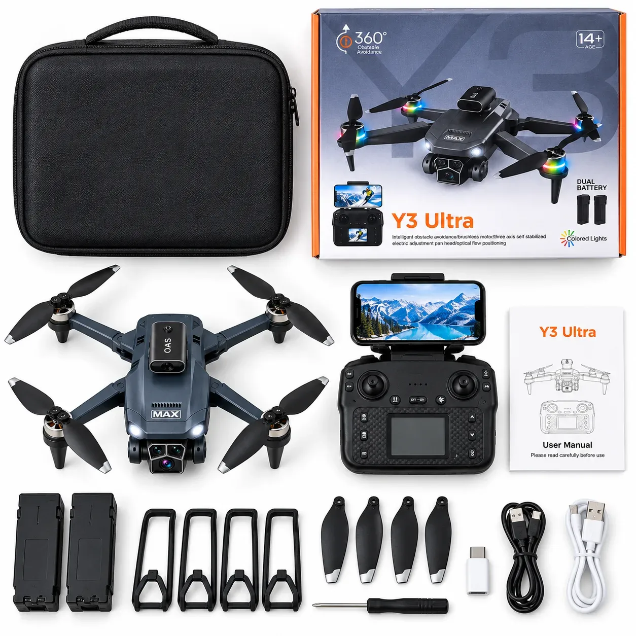 Y3 Ultra Drone with Dual Battery – Brushless Motor, 360° Obstacle Avoidance, Optical Flow, 3-Axis Camera & App Control