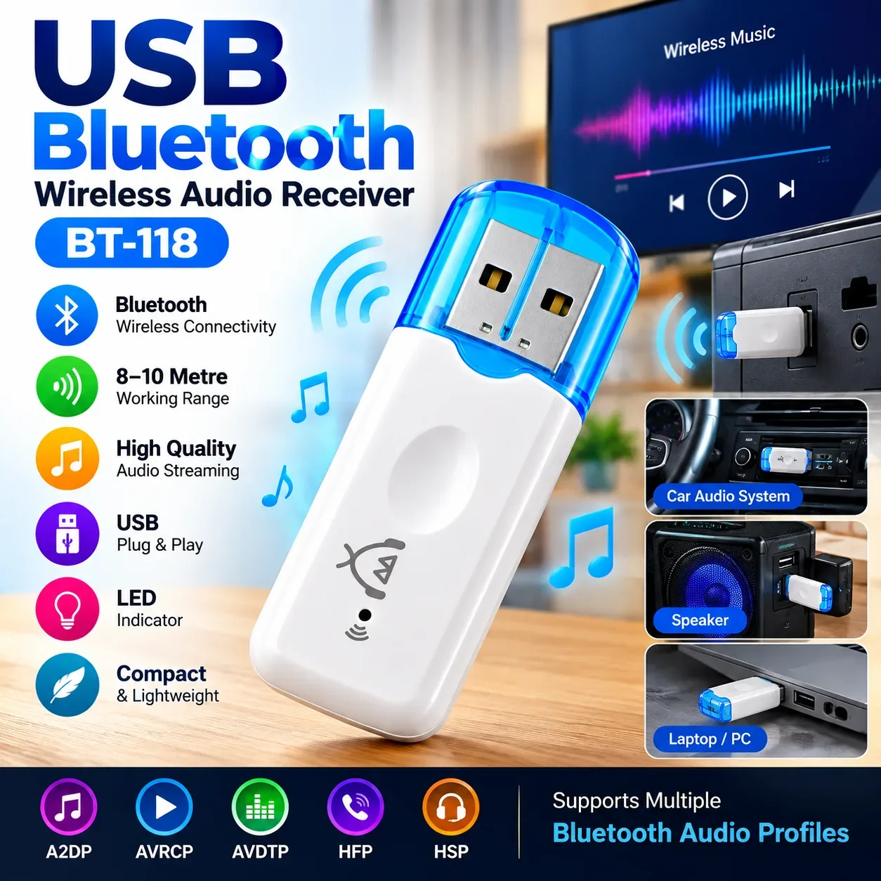 BT-118 USB Bluetooth Wireless Audio Receiver Dongle – 8–10m Range, Bluetooth 2.1+EDR for USB Audio Devices