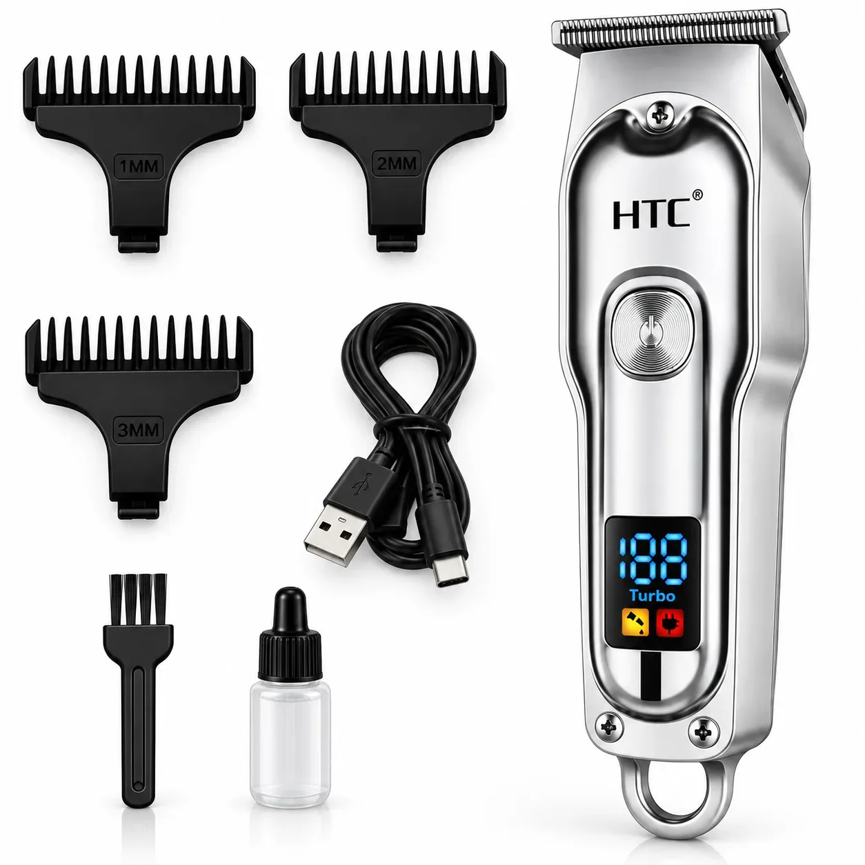 HTC AT-179 Rechargeable Hair Clipper – T-Blade Trimmer with LED Display, Lithium Battery & Low Noise