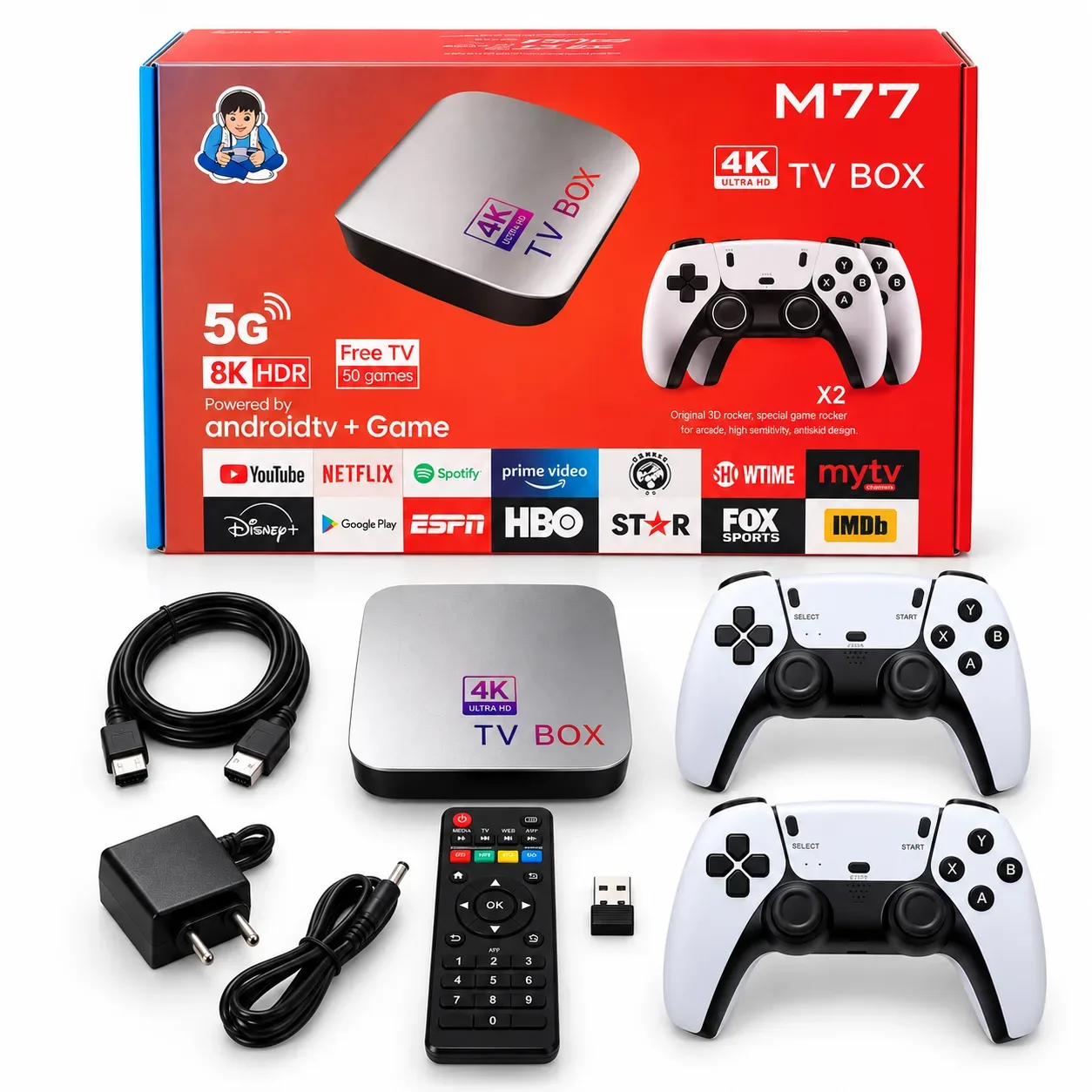 M77 4K Android TV Box Gaming Console – Dual Wireless Controllers, 8K HDR, 5G WiFi & 50+ Built-in Games