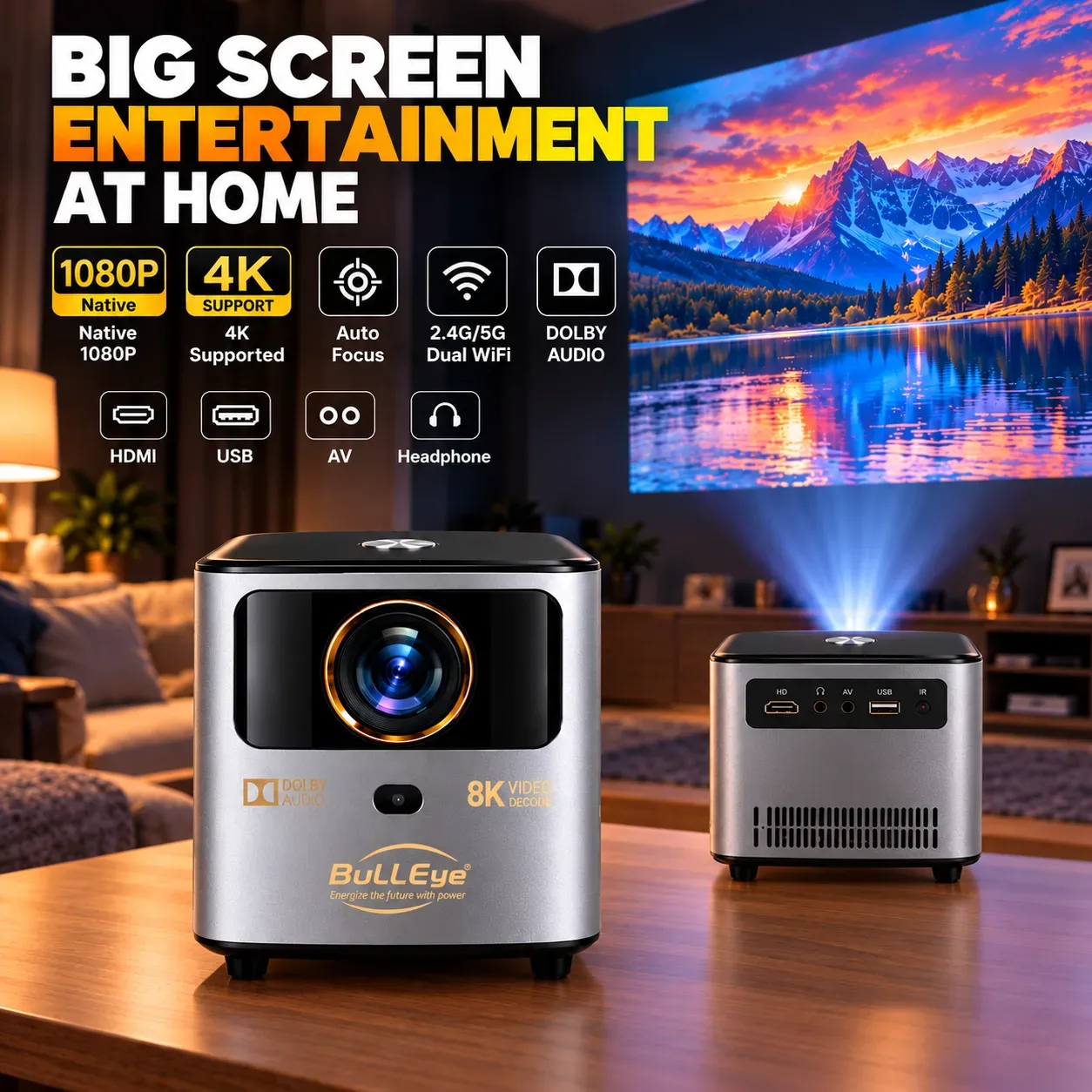 PANDA P20 Smart Projector – Native 720P, 4K Supported, Auto Focus & Dual-Band WiFi