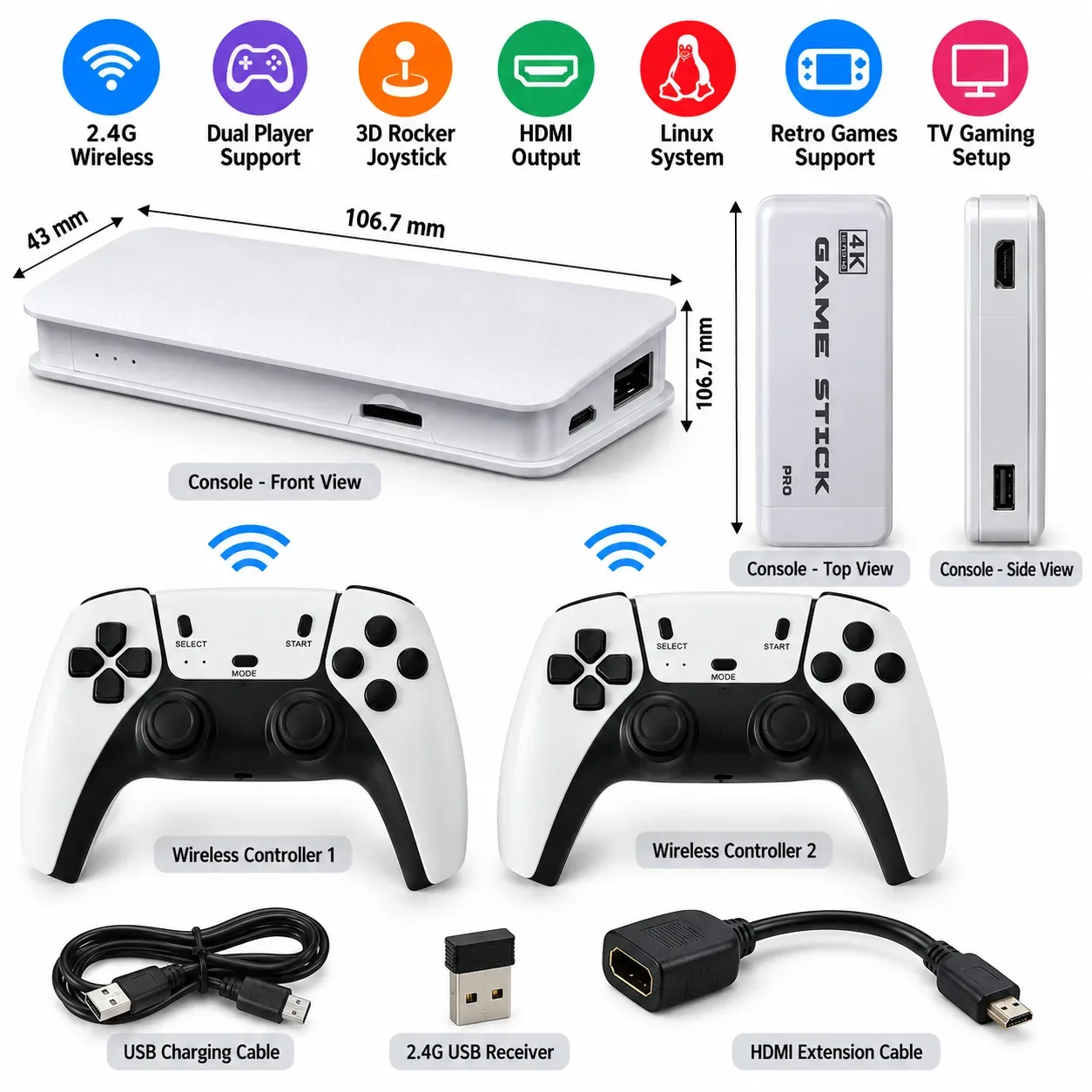 2.4G Wireless Retro Gaming Console – Dual-Player Game Controller with HDMI Output, 3D Joystick & RetroArch Support