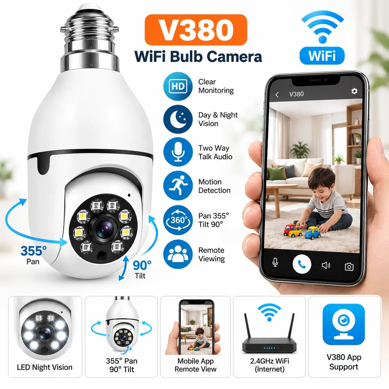 V380 WiFi Bulb Security Camera – 360° Panoramic Smart Home Camera with Remote Viewing